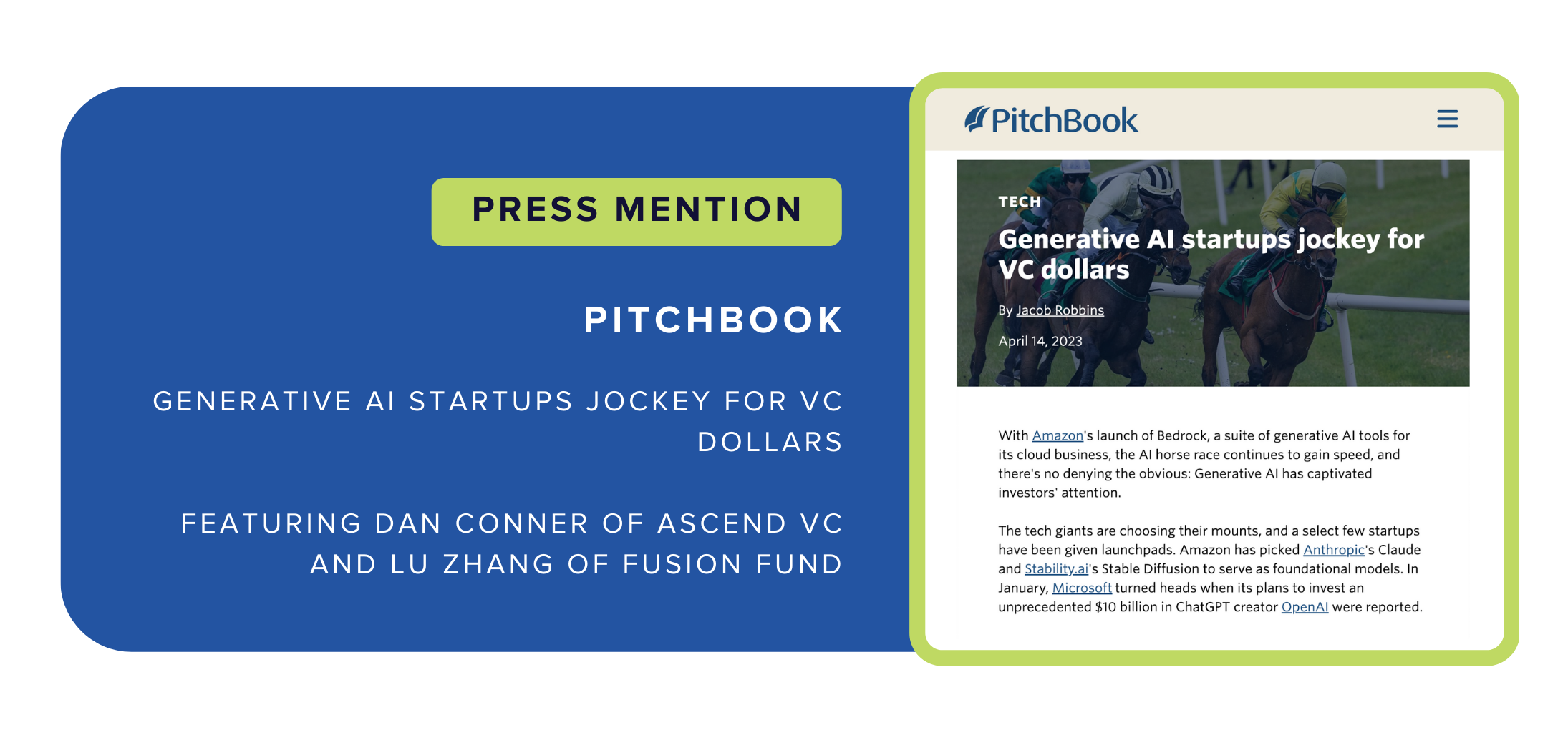 Press Mention in Pitchbook: "Generative AI startups jockey for VC dollars" featuring Dan Conner of Ascend VC and Lu Zhang of Fusion Fund