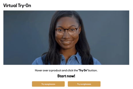 EyeBuyDirect Virtual Try-On screenshot. Image of a woman virtually trying on a pair of glasses. Below the image, it says: "Hover over a product and click the 'Try On' button. Start now!" Two buttons say, "Try eyeglasses," and "Try sunglasses."