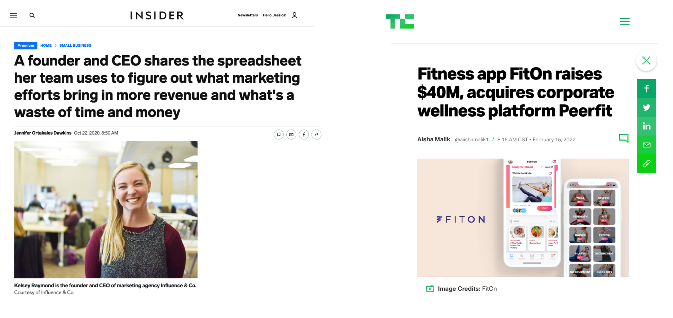 PR feature example image content: Business Insider article preview, "A founder and CEO shares the spreadsheet her team uses to figure out what marketing efforts bring in more revenue and what's a waste of time and money." and TechCrunch article preview, "Fitness app FitOn raises $40M, acquires corporate wellness platform Peerfit"