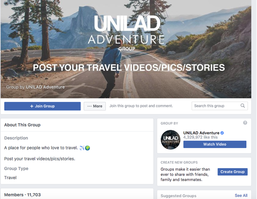 Unilad Adventure Facebook Group. Post Your Travel Videos/Pics/Stories. About this group: A place for people who love to travel.