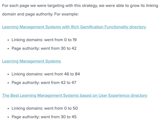 For each page we were targeting with this strategy, we were able to grow its linking domain and page authority. For example: Learning Management Systems with Rich Gamification Functionality directory's linking domains went from 0 to 19 and page authority went from 30 to 42. Learning Management Systems linking domains went from 46 to 84 and page authority went from 42 to 47. The Best Learning Management Systems based on User Experience directory linking domains went from 0 to 50 and page authority went from 30 to 45.