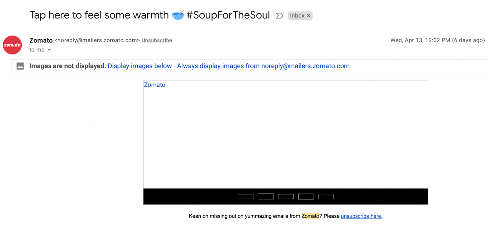 Screenshot dat een e-mail van Zomato laat zien en zegt: "Afbeeldingen worden niet weergegeven."